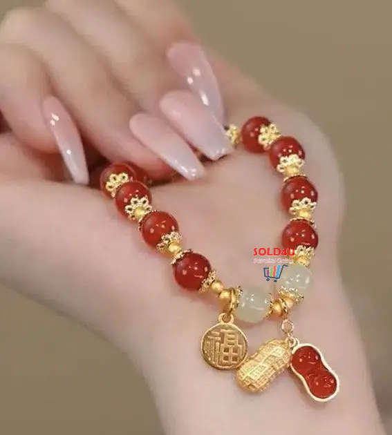 Red Faux Jade Beads Elegant Hand String Lucky Peanut Pendant Fu Brand Girls Bracelet