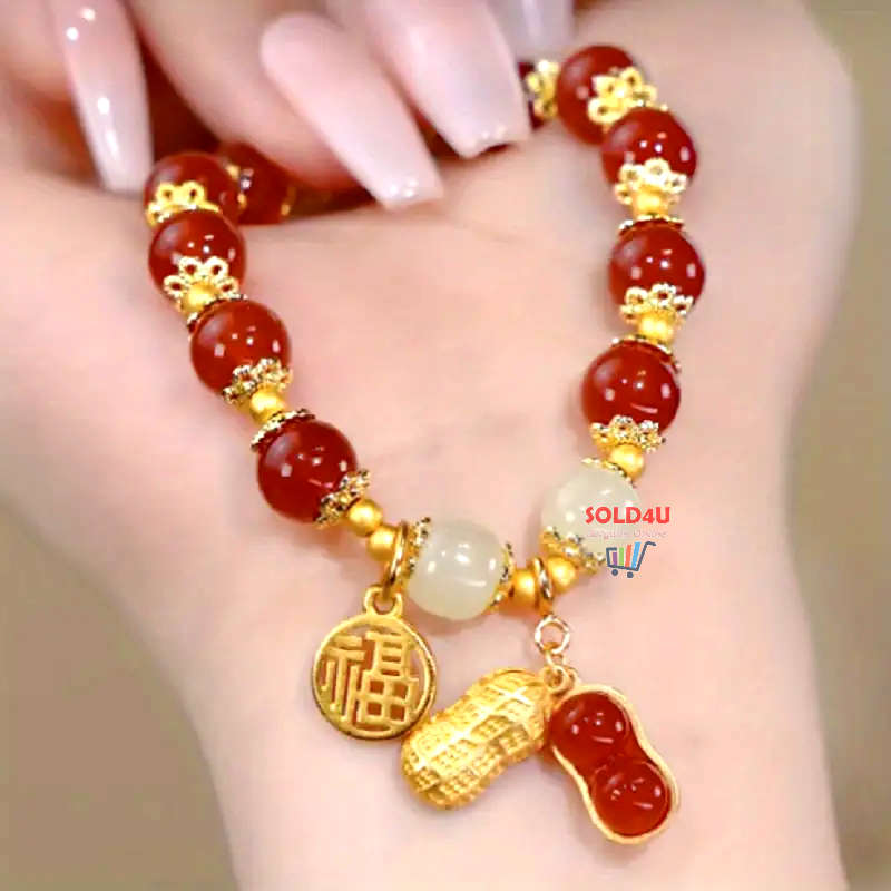 Red Faux Jade Beads Elegant Hand String Lucky Peanut Pendant Fu Brand Girls Bracelet