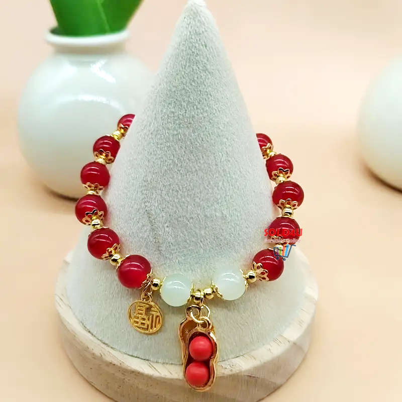 Red Faux Jade Beads Elegant Hand String Lucky Peanut Pendant Fu Brand Girls Bracelet