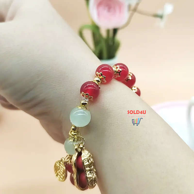 Red Faux Jade Beads Elegant Hand String Lucky Peanut Pendant Fu Brand Girls Bracelet