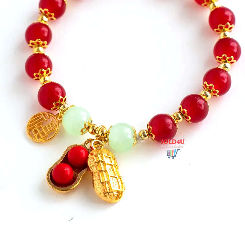 Red Faux Jade Beads Elegant Hand String Lucky Peanut Pendant Fu Brand Girls Bracelet