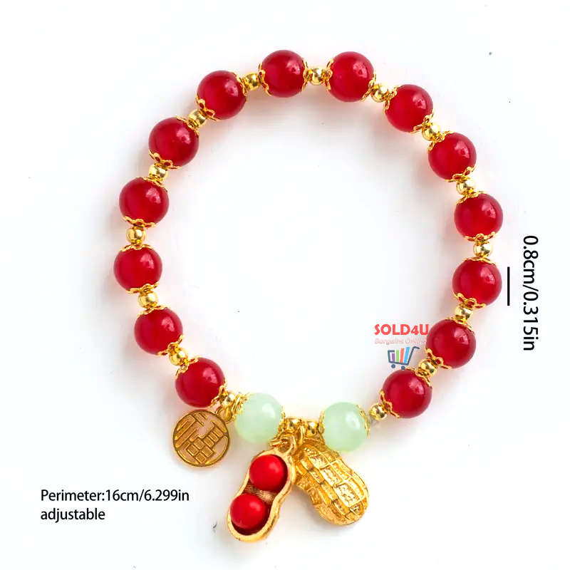 Red Faux Jade Beads Elegant Hand String Lucky Peanut Pendant Fu Brand Girls Bracelet