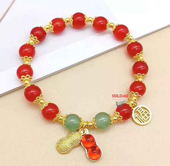 Red Faux Jade Beads Elegant Hand String Lucky Peanut Pendant Fu Brand Girls Bracelet