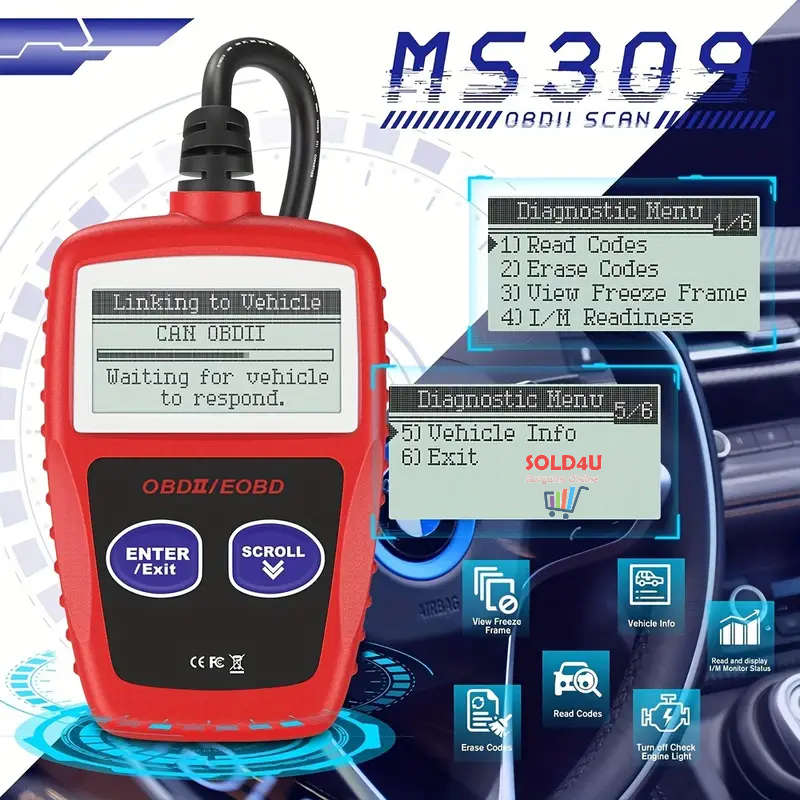 MS309 Car Fault Detector Code Reader OBD2 Scanner Diagnostic Tool Car Several Models (Red or Black)