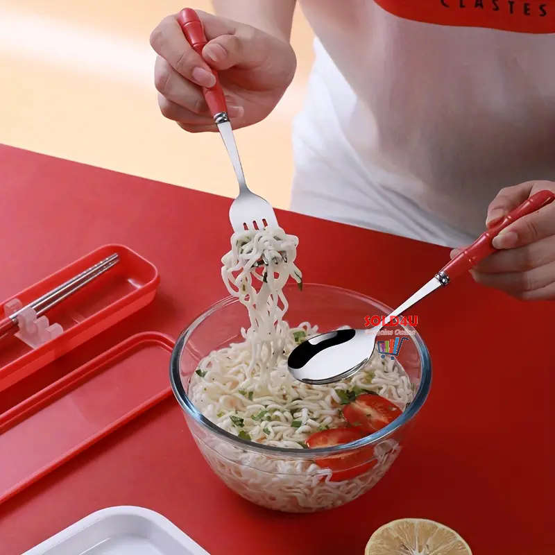 3pc set RED Portable Cutlery Set Kitchen Fork Chopsticks Spoon Stainless Steel Tableware 3 Piece