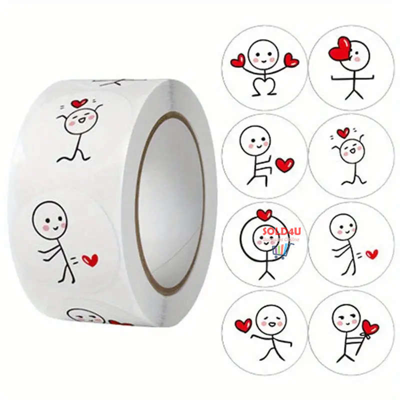 500pcs per roll Heartin Cute Cartoon Match Man Heart Stickers For DIY Scrapbooking 1 inch diameter