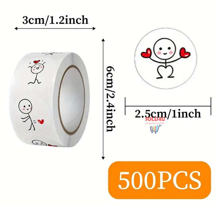 500pcs per roll Heartin Cute Cartoon Match Man Heart Stickers For DIY Scrapbooking 1 inch diameter