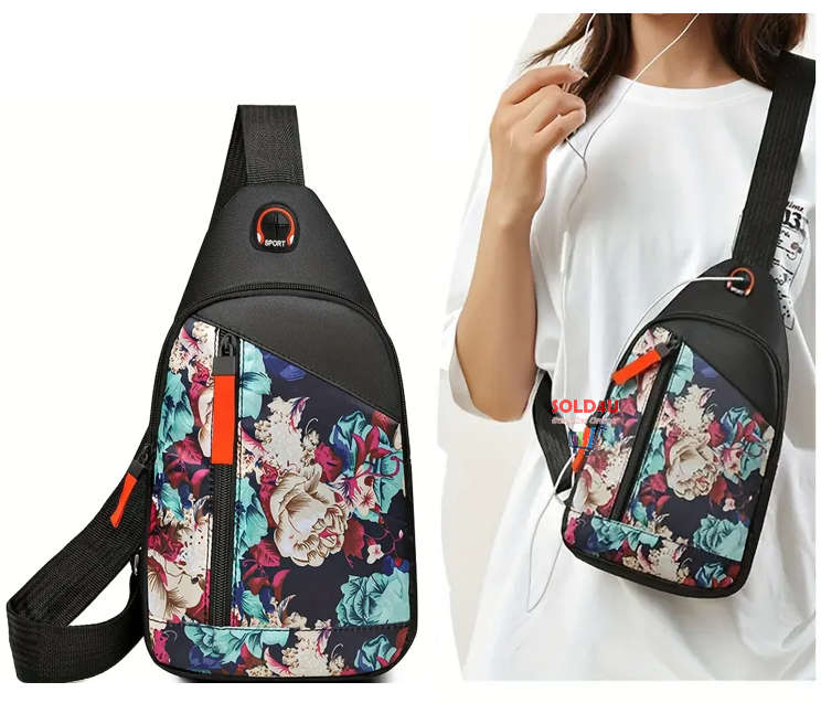 Chest Bag Single Shoulder Crossbody Bag With Earphone Hole (Peony Flower) Nylon Lightweight Bag