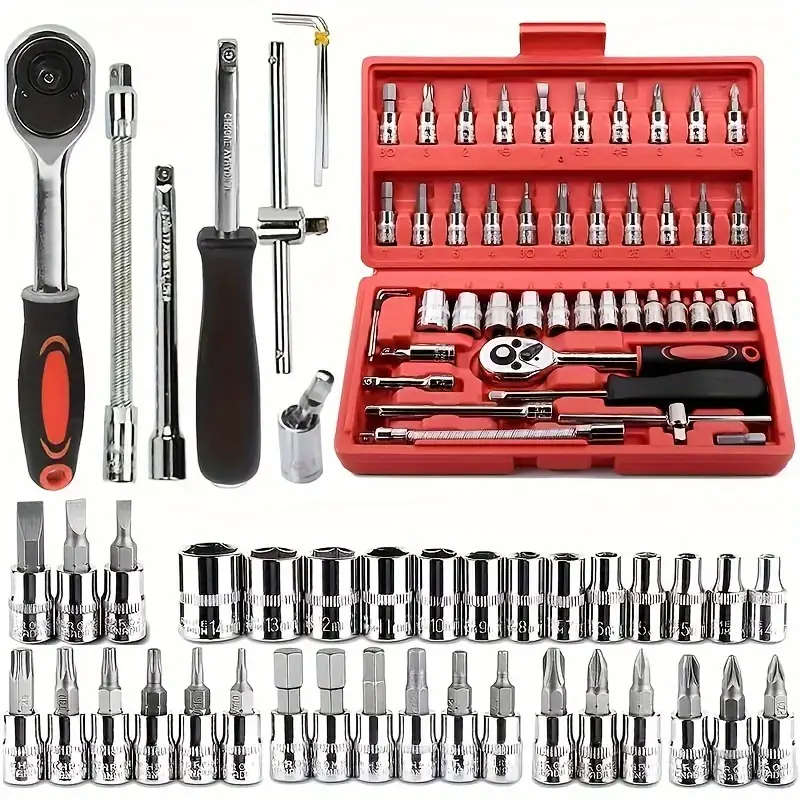 46pcs quarter Inch Socket Set Auto Repair Tools Ratchet Set Torque Wrench Combination Drill Bits