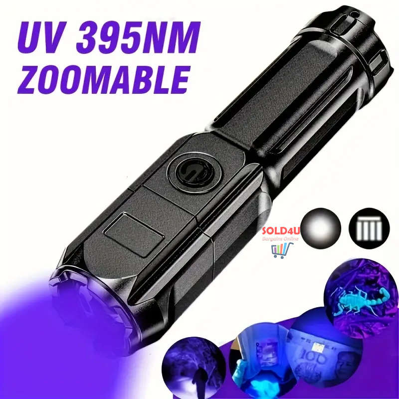 UV Flashlight UV395NM Rechargeable Bright Portable Ultraviolet Torch 3 Modes Zoomable