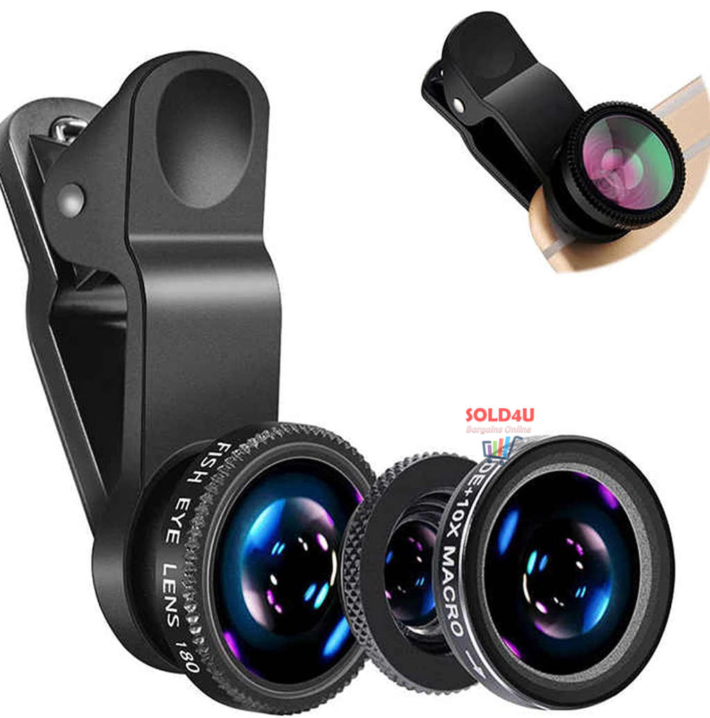 Universal 3-in-1 Cell Phone Camera Lens Kit - 180° Fisheye, 0.67x Wide Angle, Macro Lenses
