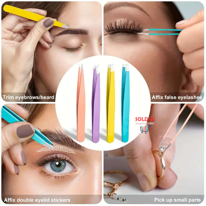 4pcs Set Eyebrow Tweezers S/Steel Tweezers For Hair Removal, 4 Different Types Tweezers