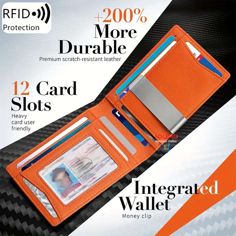 RFID Blocking Bifold Card Holder PU Leather Wallet, Money Clip Multi Slots [ Carbon Fibre / Orange ]