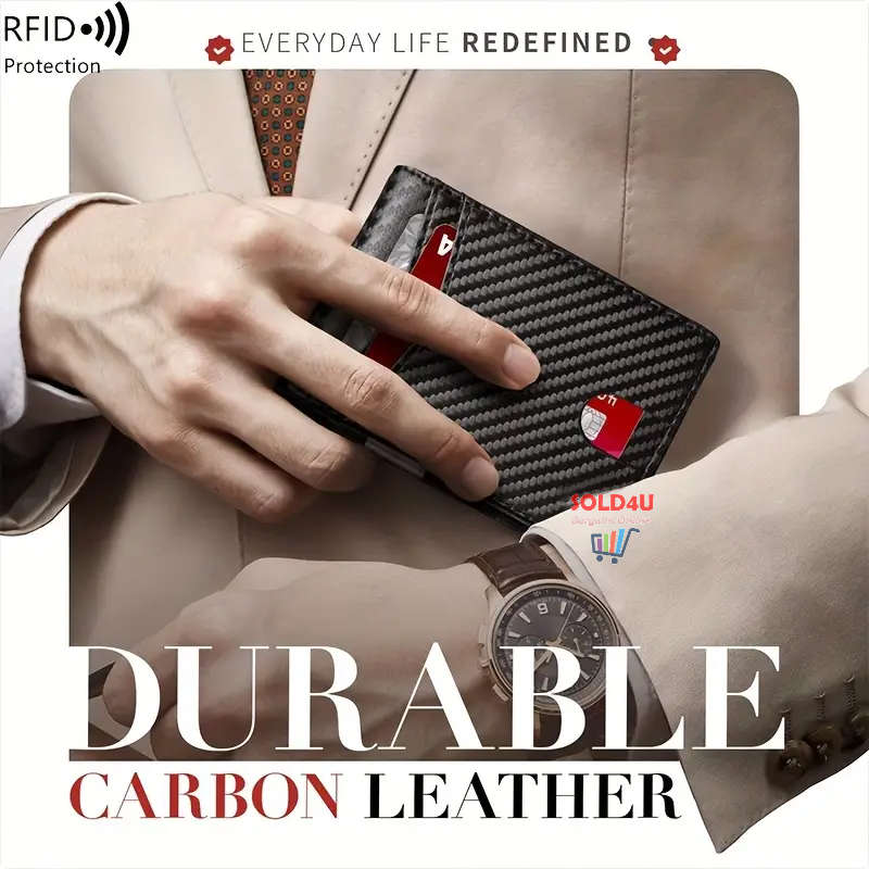 RFID Blocking Bifold Card Holder PU Leather Wallet, Money Clip Multi Slots [ Carbon Fibre / Orange ]