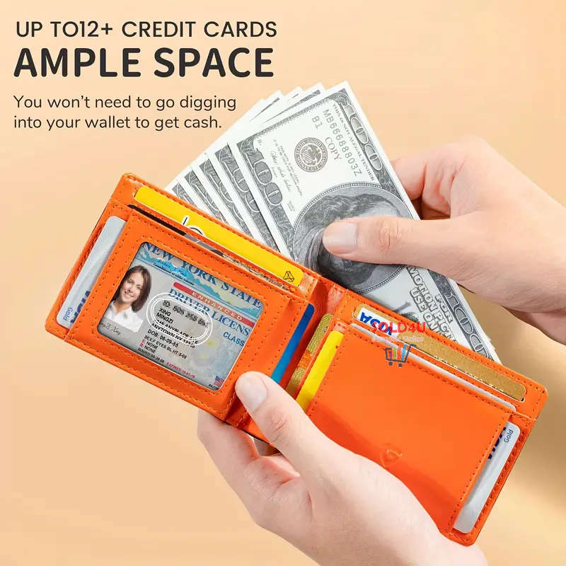 RFID Blocking Bifold Card Holder PU Leather Wallet, Money Clip Multi Slots [ Carbon Fibre / Orange ]