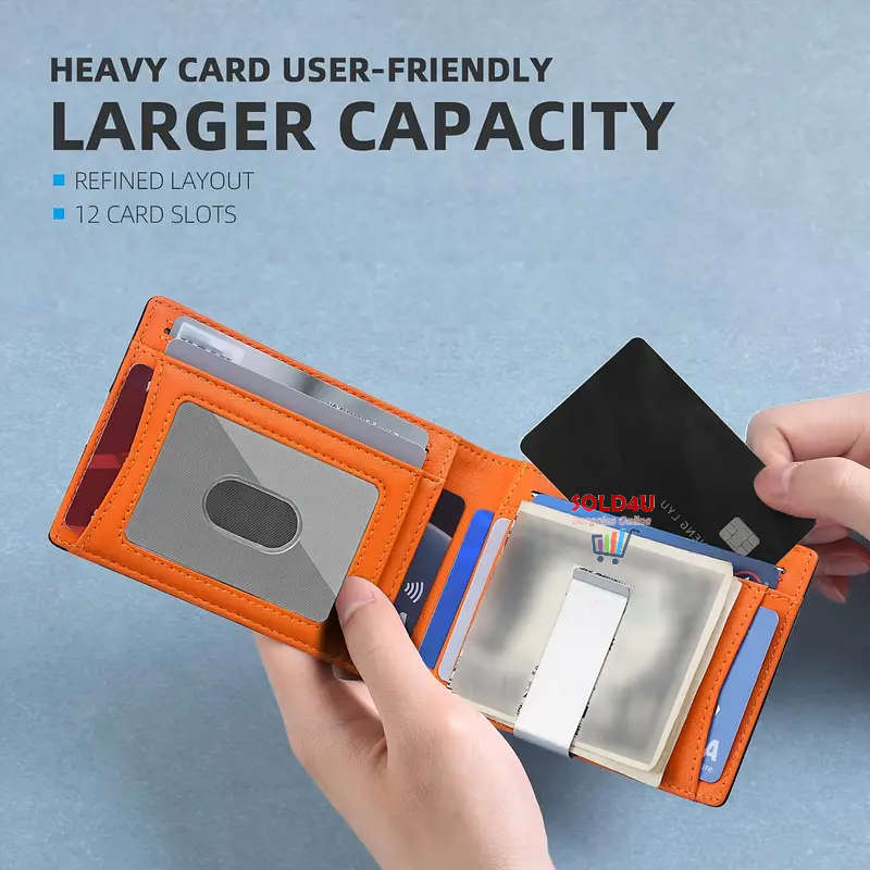 RFID Blocking Bifold Card Holder PU Leather Wallet, Money Clip Multi Slots [ Carbon Fibre / Orange ]
