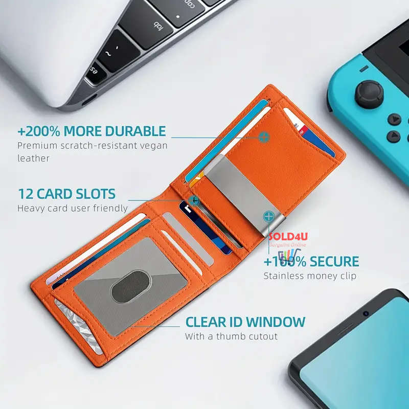 RFID Blocking Bifold Card Holder PU Leather Wallet, Money Clip Multi Slots [ Carbon Fibre / Orange ]