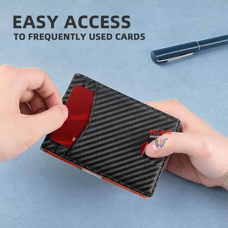 RFID Blocking Bifold Card Holder PU Leather Wallet, Money Clip Multi Slots [ Carbon Fibre / Orange ]