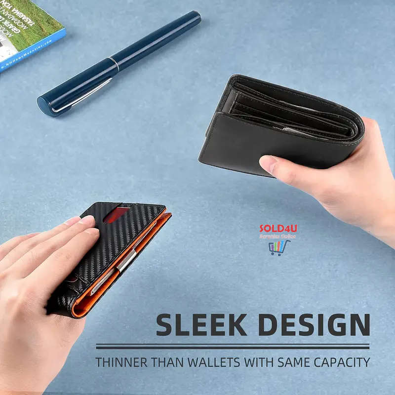 RFID Blocking Bifold Card Holder PU Leather Wallet, Money Clip Multi Slots [ Carbon Fibre / Orange ]