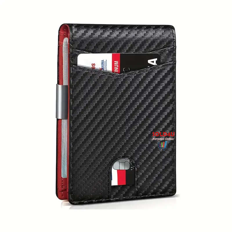 RFID Blocking Bifold Card Holder PU Leather Wallet, Money Clip Multi Slots [ Carbon Fibre / Orange ]