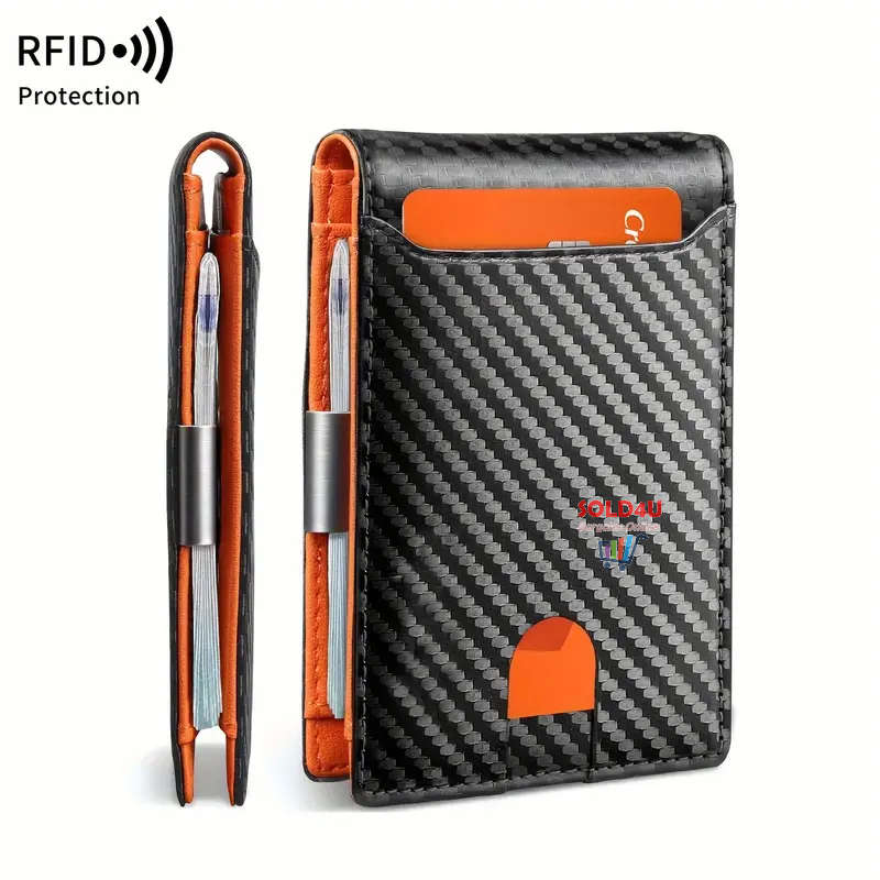 RFID Blocking Bifold Card Holder PU Leather Wallet, Money Clip Multi Slots [ Carbon Fibre / Orange ]