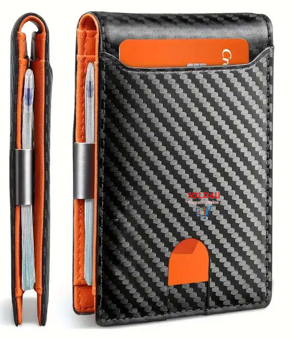 RFID Blocking Bifold Card Holder PU Leather Wallet, Money Clip Multi Slots [ Carbon Fibre / Orange ]