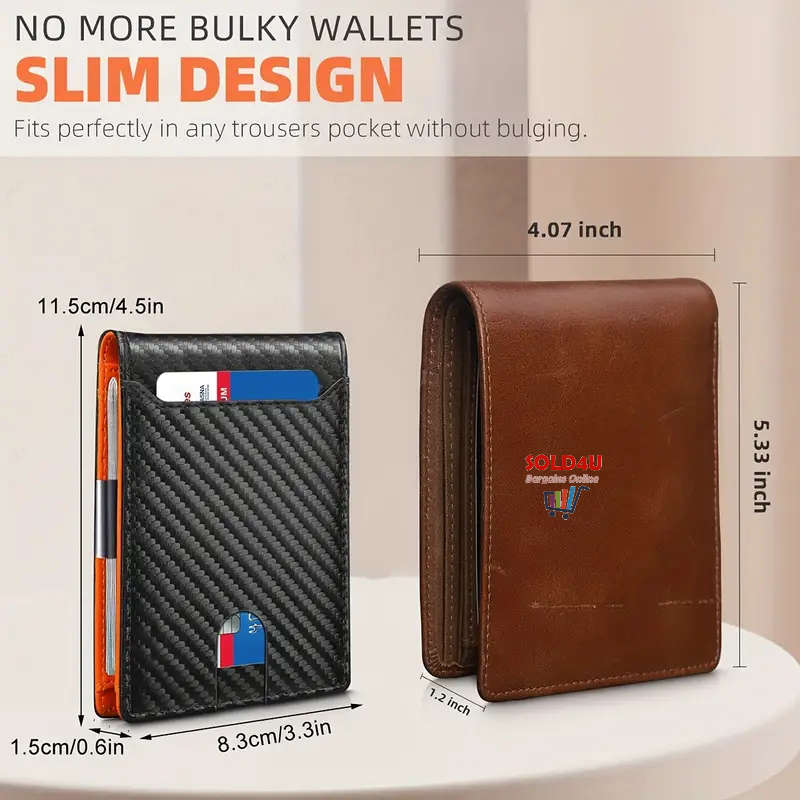 RFID Blocking Bifold Card Holder PU Leather Wallet, Money Clip Multi Slots [ Carbon Fibre / Orange ]