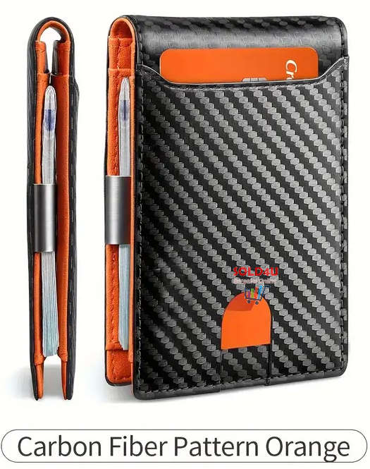 RFID Blocking Bifold Card Holder PU Leather Wallet, Money Clip Multi Slots [ Carbon Fibre / Orange ]