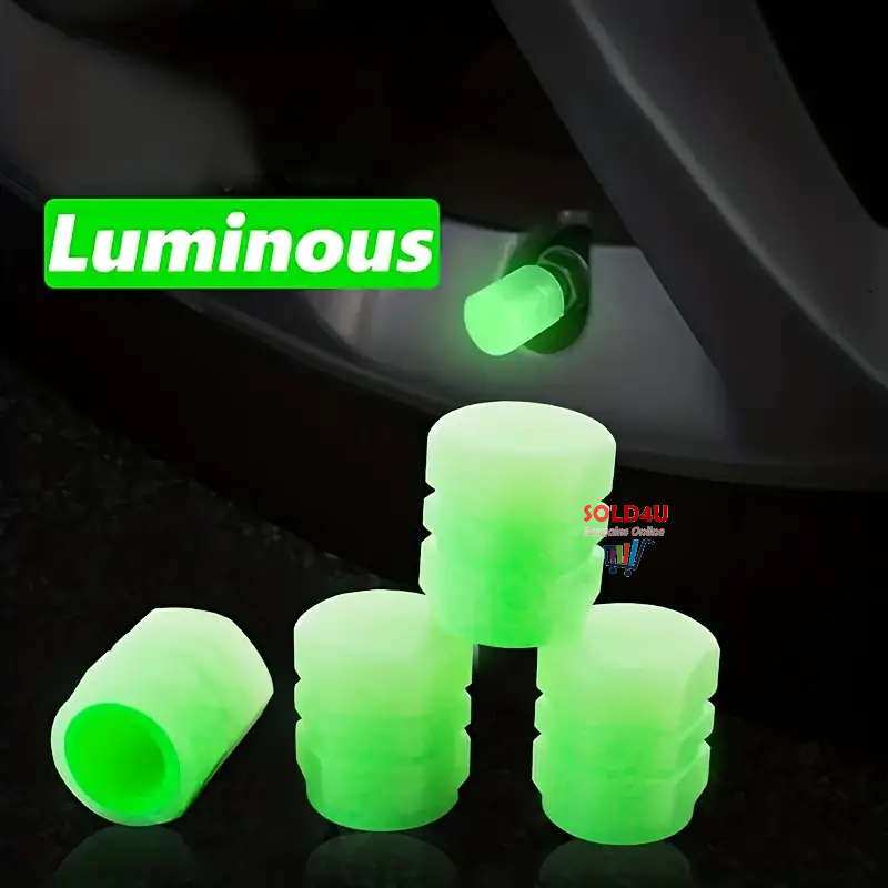 4pcs Car Tyre Valve Caps,  Valve Stem Caps Fluorescence Luminous Air Caps Cover (GREEN)