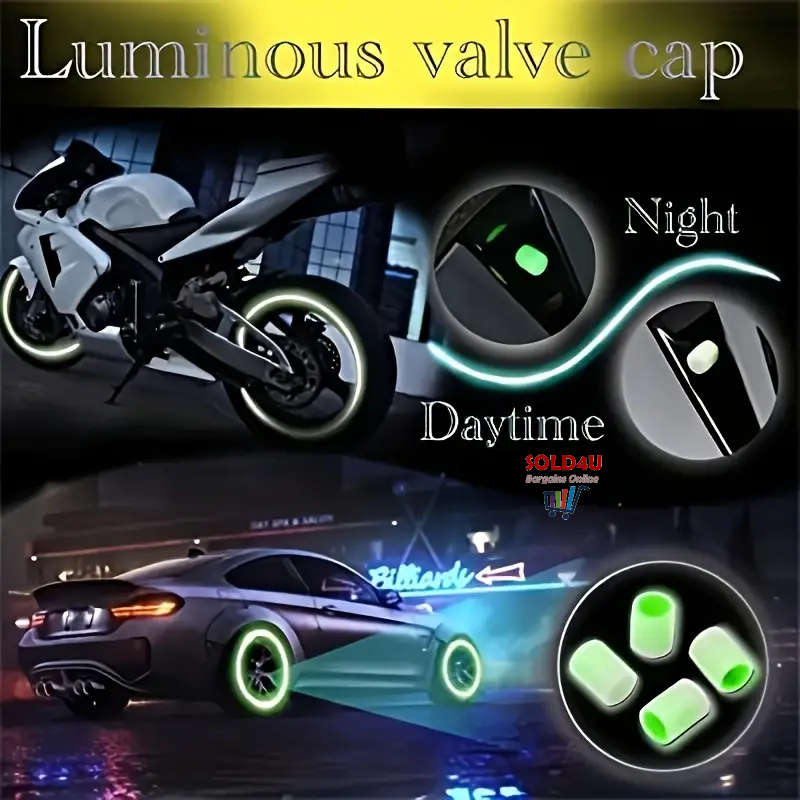 4pcs Car Tyre Valve Caps,  Valve Stem Caps Fluorescence Luminous Air Caps Cover (GREEN)