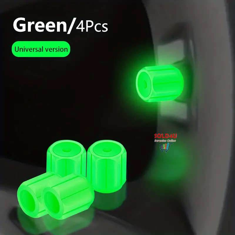 4pcs Car Tyre Valve Caps,  Valve Stem Caps Fluorescence Luminous Air Caps Cover (GREEN)