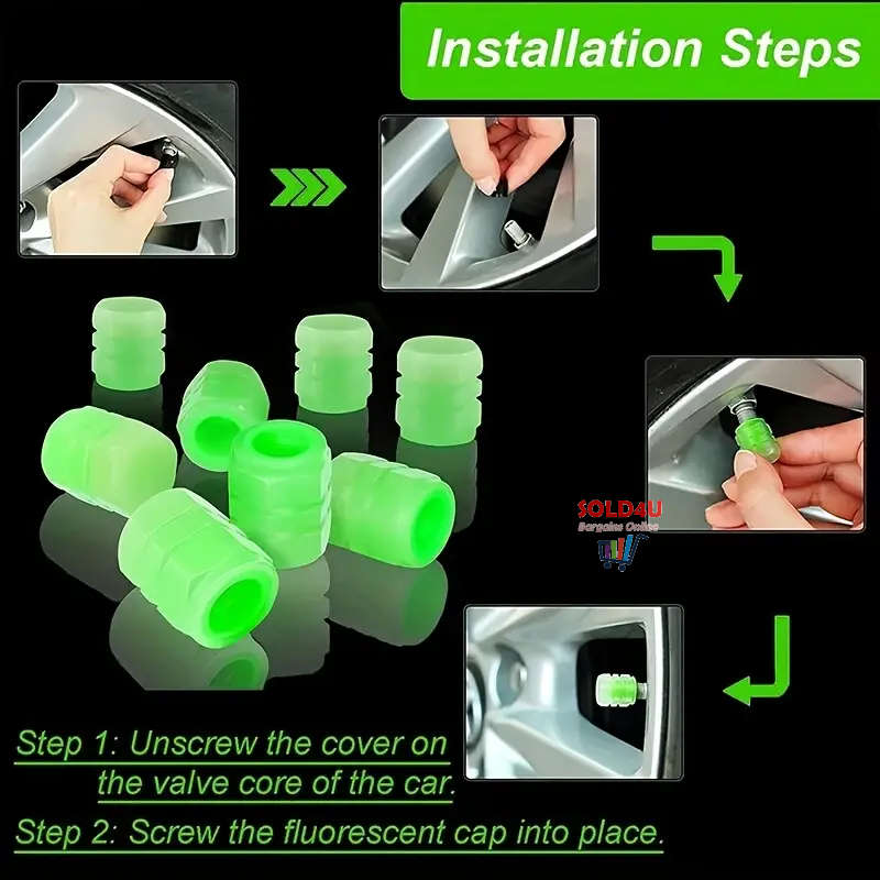 4pcs Car Tyre Valve Caps,  Valve Stem Caps Fluorescence Luminous Air Caps Cover (GREEN)