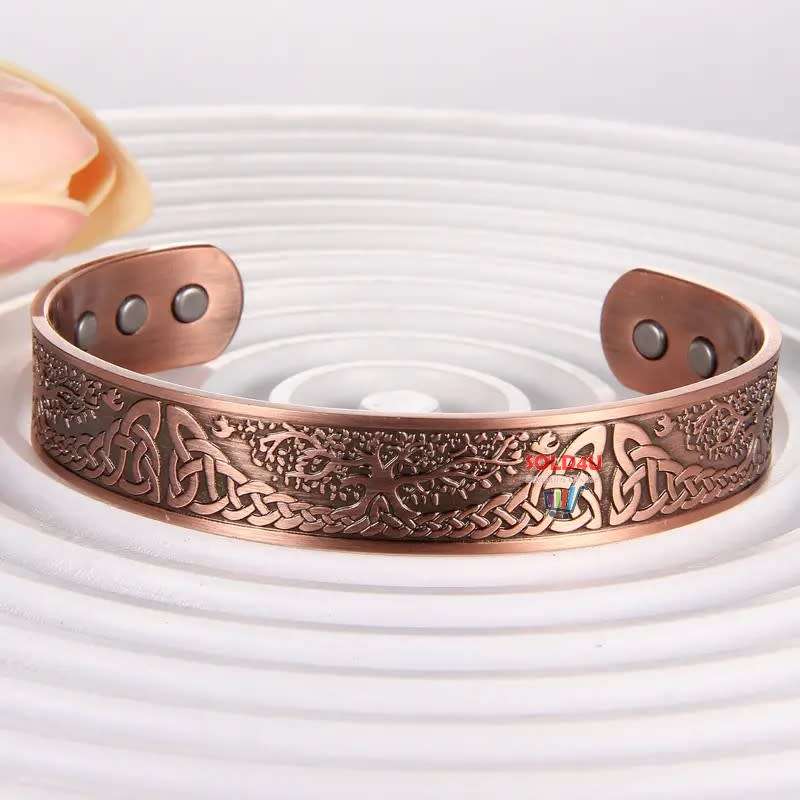 Copper Magnetic Bracelet For Men, Cuff Bangle With Effective 6Pc Neodymium Magnets, Life Of Tree