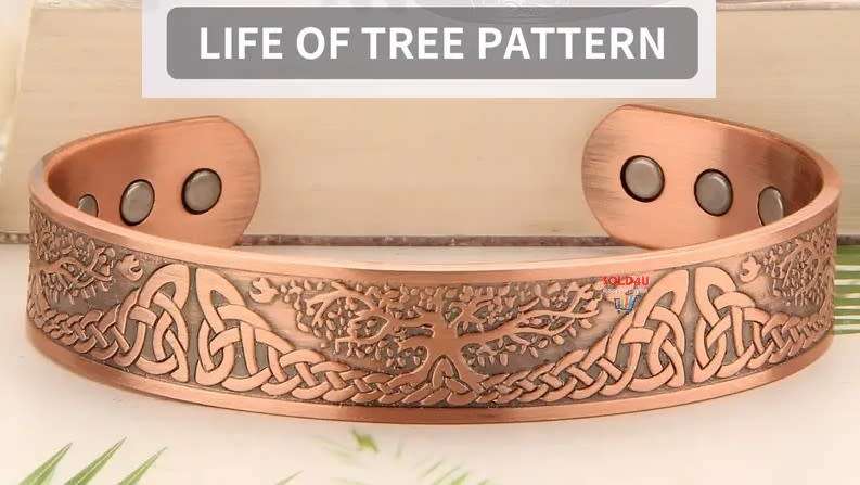 Copper Magnetic Bracelet For Men, Cuff Bangle With Effective 6Pc Neodymium Magnets, Life Of Tree