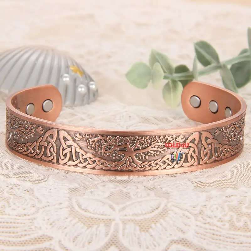 Copper Magnetic Bracelet For Men, Cuff Bangle With Effective 6Pc Neodymium Magnets, Life Of Tree