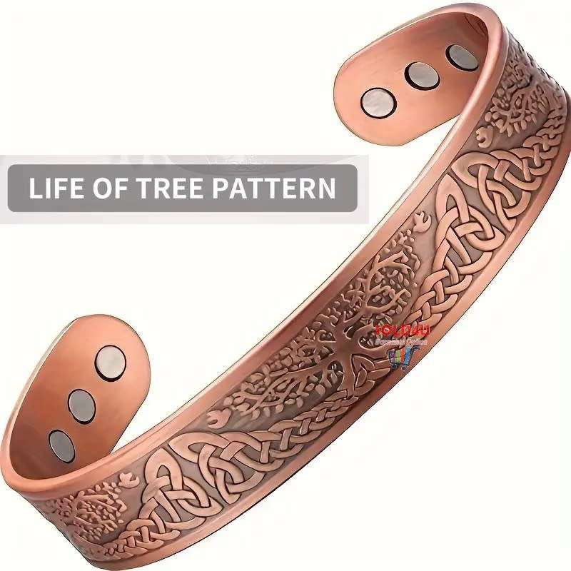 Copper Magnetic Bracelet For Men, Cuff Bangle With Effective 6Pc Neodymium Magnets, Life Of Tree