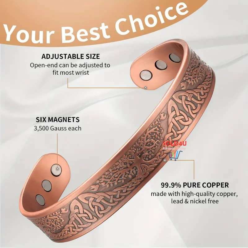 Copper Magnetic Bracelet For Men, Cuff Bangle With Effective 6Pc Neodymium Magnets, Life Of Tree