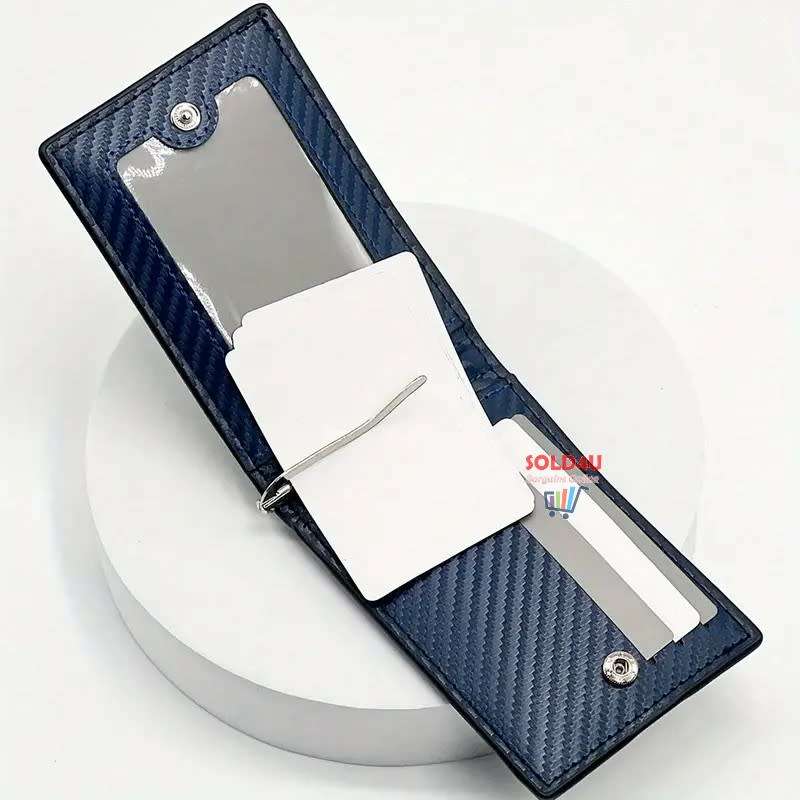 PU Leather Wallet, Bifold Card Holder Money Clip Multi Slots [ Black / Blue ]