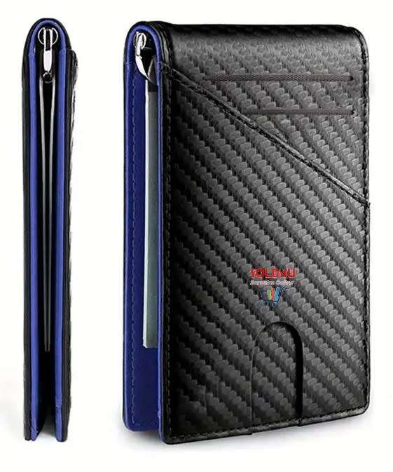 PU Leather Wallet, Bifold Card Holder Money Clip Multi Slots [ Black / Blue ]