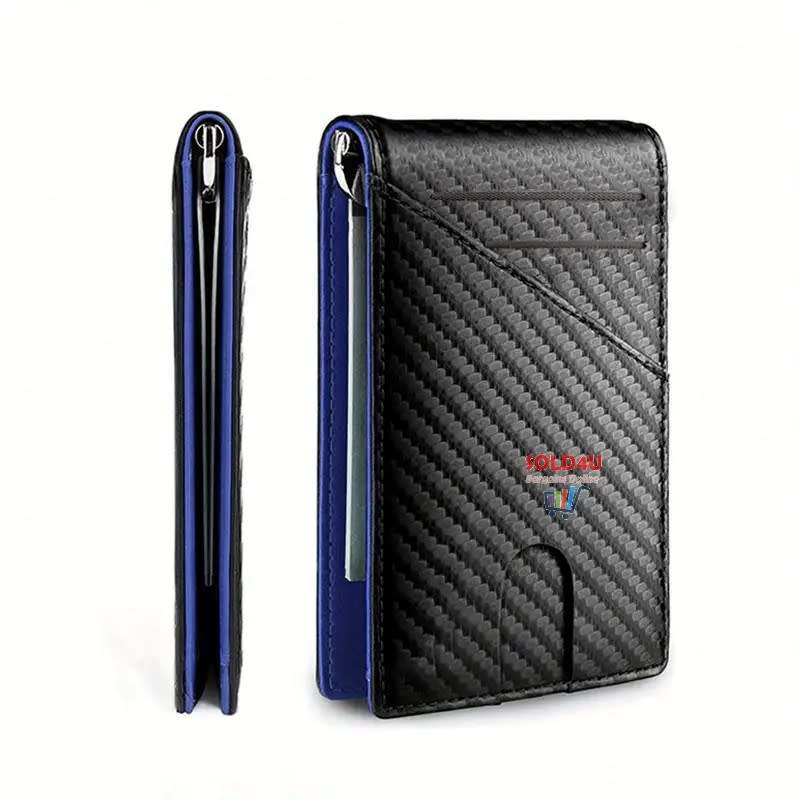 PU Leather Wallet, Bifold Card Holder Money Clip Multi Slots [ Black / Blue ]