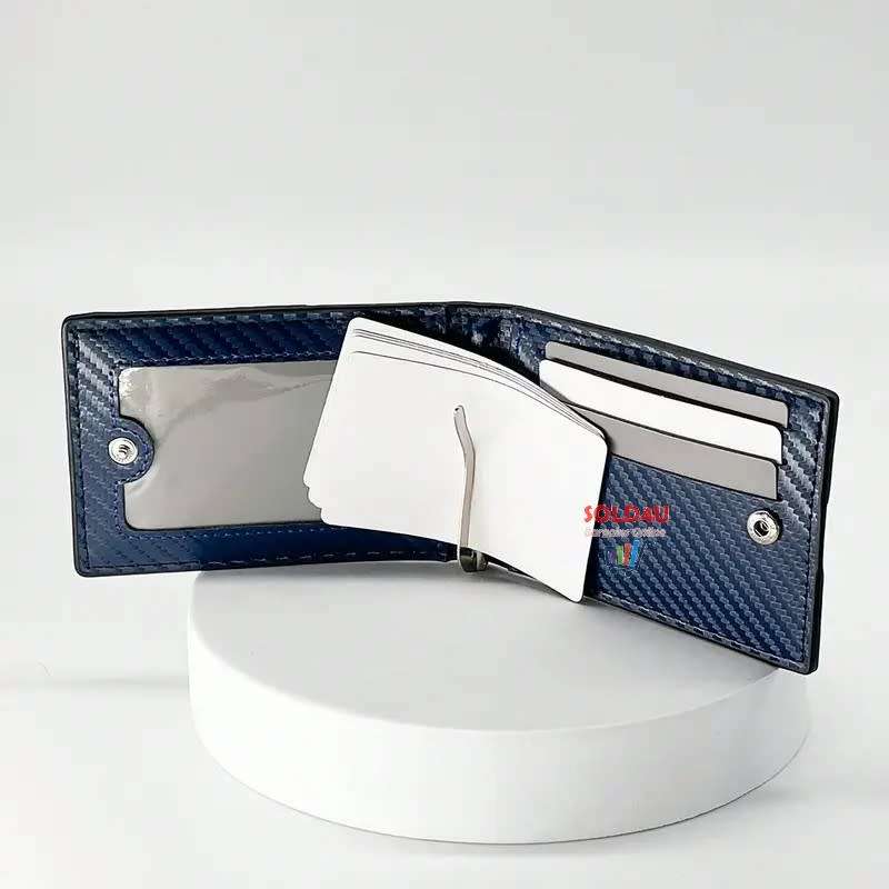 PU Leather Wallet, Bifold Card Holder Money Clip Multi Slots [ Black / Blue ]