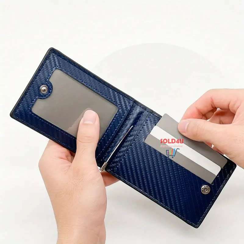 PU Leather Wallet, Bifold Card Holder Money Clip Multi Slots [ Black / Blue ]