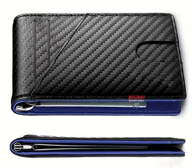 PU Leather Wallet, Bifold Card Holder Money Clip Multi Slots [ Black / Blue ]