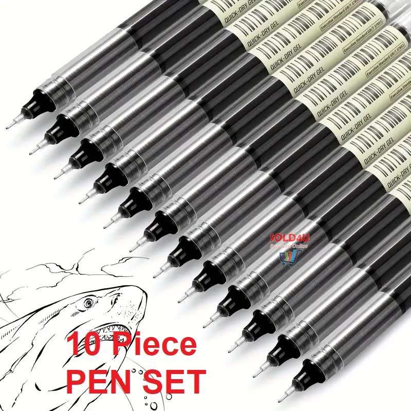 10 Pcs BLACK Quick-Drying 0.5mm Needle Gel pen Set