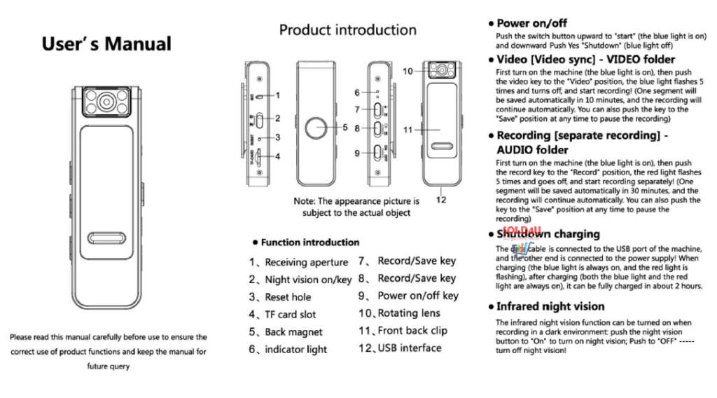 Body Camera with 1080P HD Recording Night Vision Function, Wearable Camera, body-worn camera