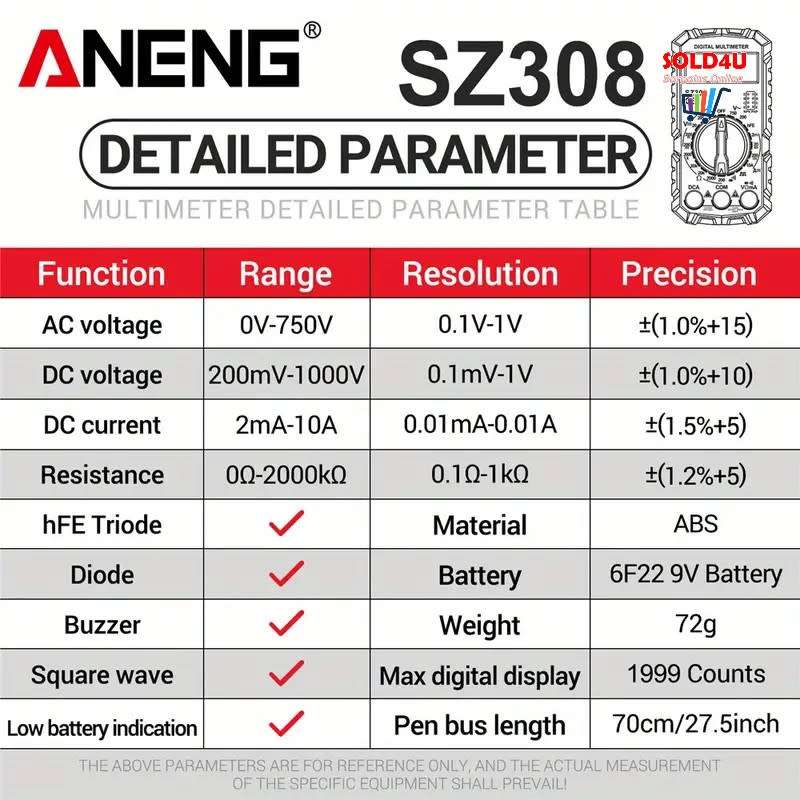 Digital Multimeter AC DC Voltage Resistance Meter Current Meter
