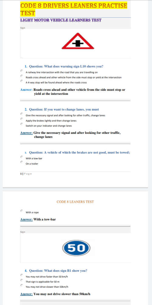 Drivers Learners Practice Test and Answers (Simplified)