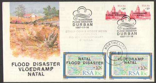 RSA: 1987 16c Defin Natal Flood Disaster FDC 4.22.1 Bible 16c Flood pair tied on 1st day, VF address
