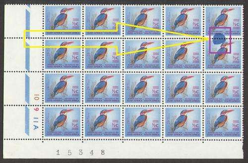 RSA: 1964-72 Kingfisher Â½c cyl block of 20 with LARGE INK BLOB at right, UM