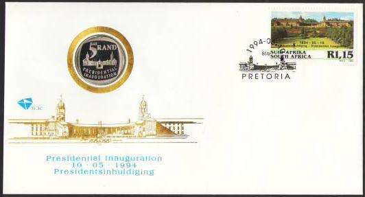 1994 President Nelson Mandela Inauguration R5 COIN on official FDC 6.3c superb unaddressed